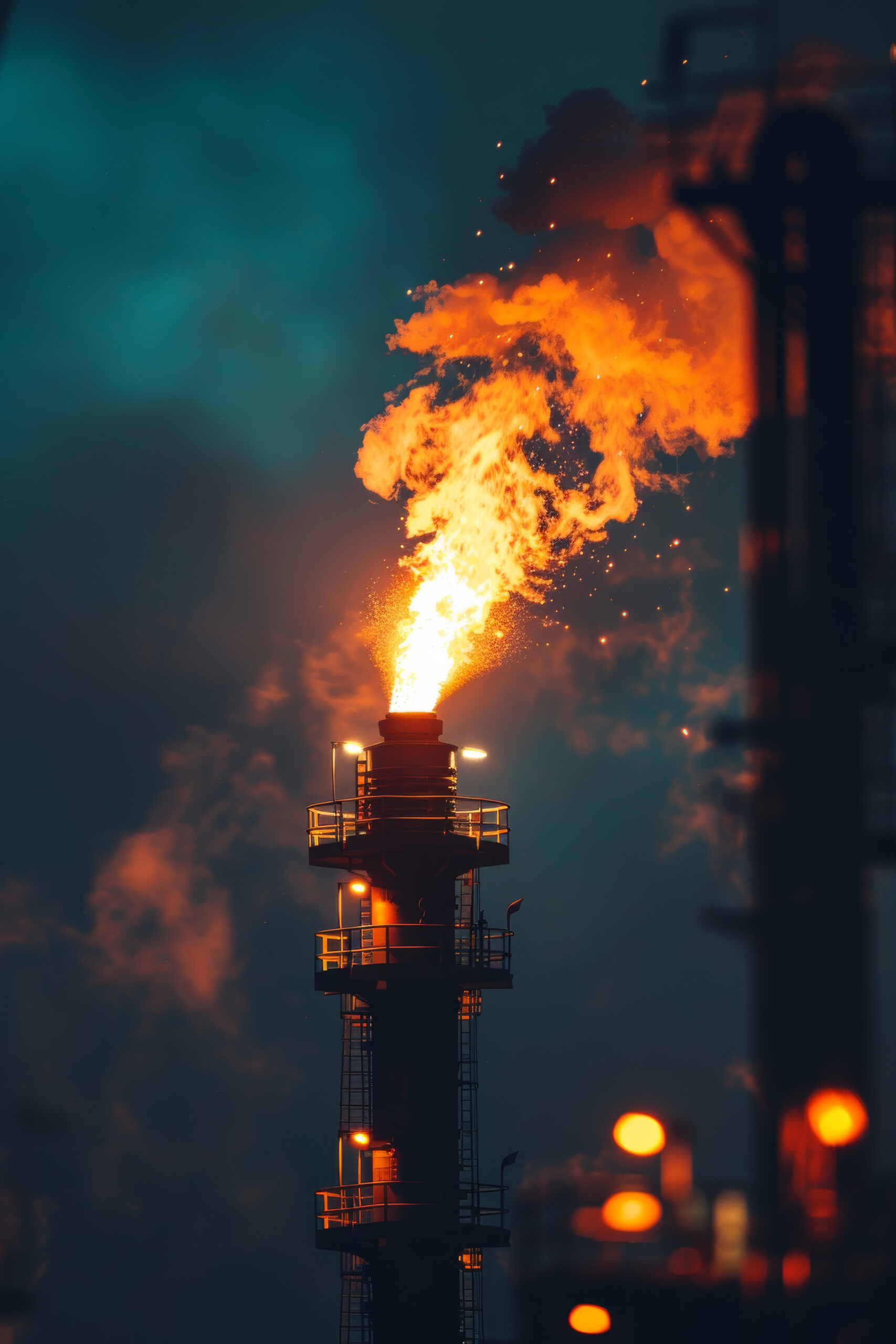 Industrial Gas Flare at Night Emitting Large Flames and Smoke Against Dark Sky Industrial Gas Flare at Night Emitting Large Flames and Smoke Against Dark Sky.