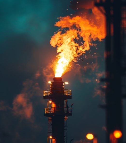 Industrial Gas Flare at Night Emitting Large Flames and Smoke Against Dark Sky.